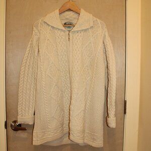 Womens Aran Crafts Large Merino Wool Cable Knit Zip up Sweater Cardigan, Ireland